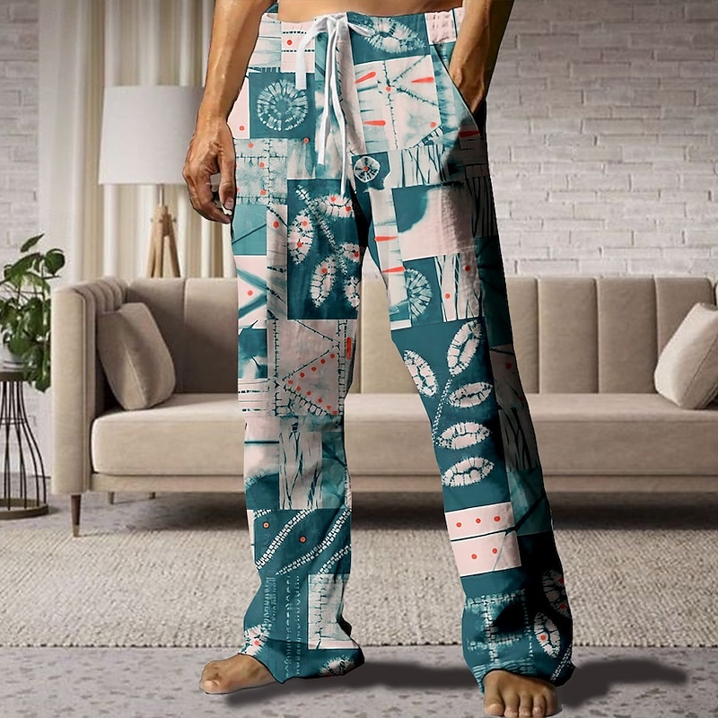 Men's Tie Dye Hawaiian Tropical Pants Trousers Casual Pants Mid Waist Drawstring Elastic Waist Vintage Retro Outdoor Vacation Holiday Straight Leg Trousers Summer Spring 3D Print Navy Blue Brown4