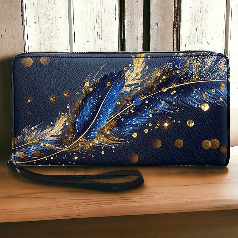 Women's Large Capacity Wallet with Gilded Feather Print, Zipper Closure, Wristlet and Multiple Card Slots - Stylish and Practical for Daily Use, Travel and Gift Giving Red Blue Green3
