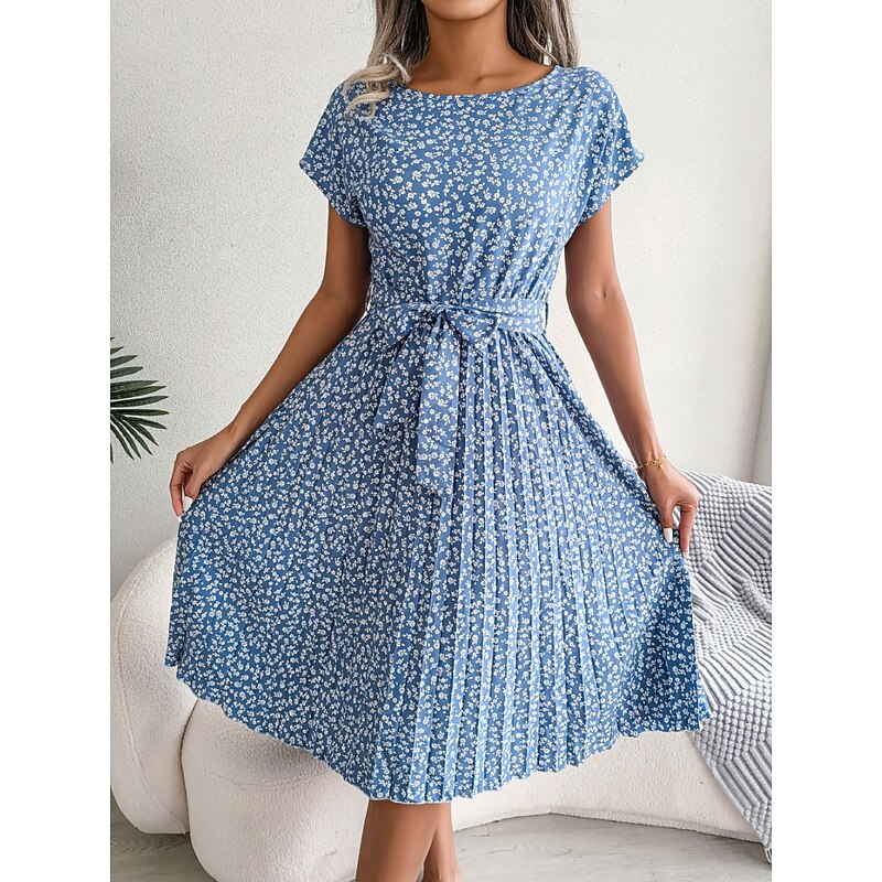 Women's Midi Dress Casual Dress A Line Dress Stylish Casual Vacation Daily Regular Fit Floral Short Sleeve Crew Neck Pink Light Blue Summer Spring3