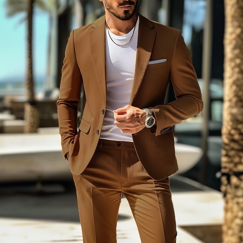 Men's Casual Suits Brown Daily WorkWear Solid Colored Standard Fit 2 Piece Single Breasted Two-buttons3