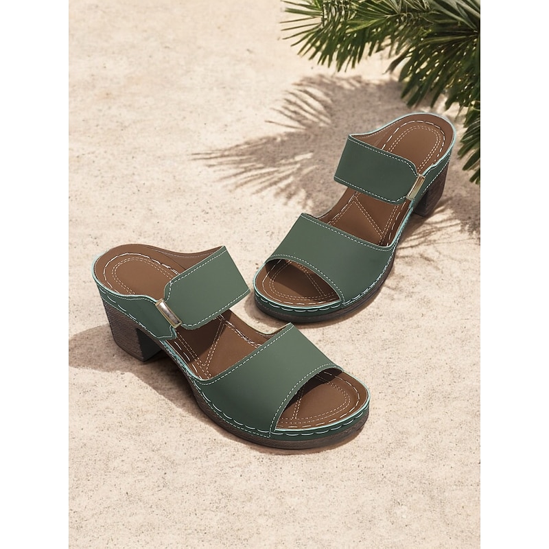 Women's Green Block Heel Double Straps Sandals - Comfortable Shoes for Casual Outings and Summer Wear4