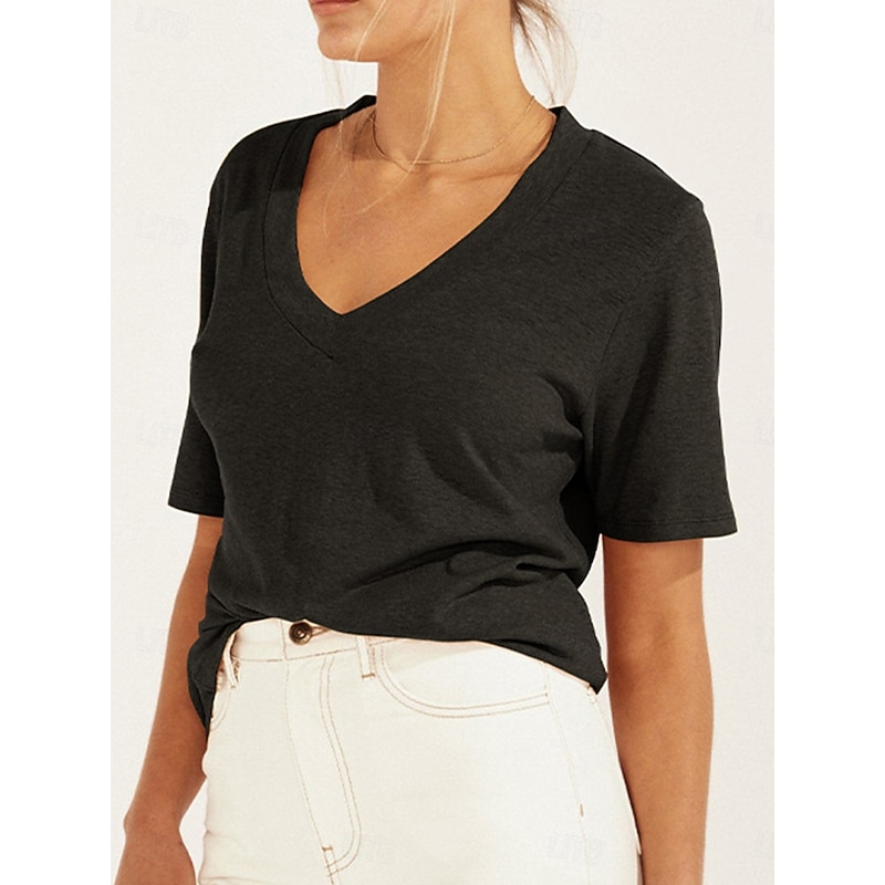 Women's Blouse Solid Color Basic Casual Short Sleeve V Neck Regular Tops Daily Lace Ruffle Patchwork Black White Brown Summer Spring2