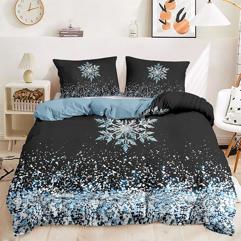 Duvet Cover Set with Glitter Snowflake Design, 100% Cotton, Soft and Breathable Bedding Set, Includes Duvet Cover and Pillowcases, Elegant and Stylish for Winter Décor, Durable and Machine Washable