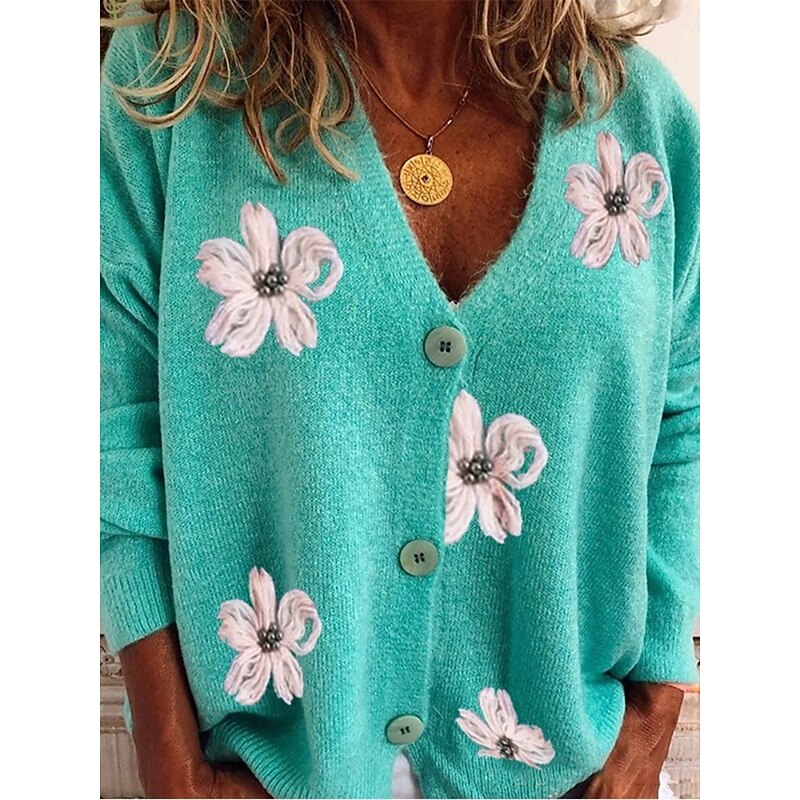 Women's Sweater Cardigan Casual Soft Floral Ribbed V Neck Buttons Knitted Long Sleeve Regular Tops Knit Outdoor Daily Weekend Red Green Fall Winter2