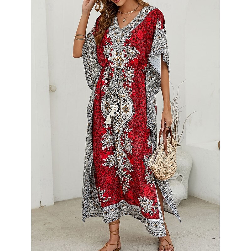 Women's Maxi Dress Casual Dress Boho Chic Dresses Boho Dress Bohemia Cute Stylish Vacation Daily Beach Loose Fit Graphic Short Sleeve V Neck Red Blue Summer Spring Fall3