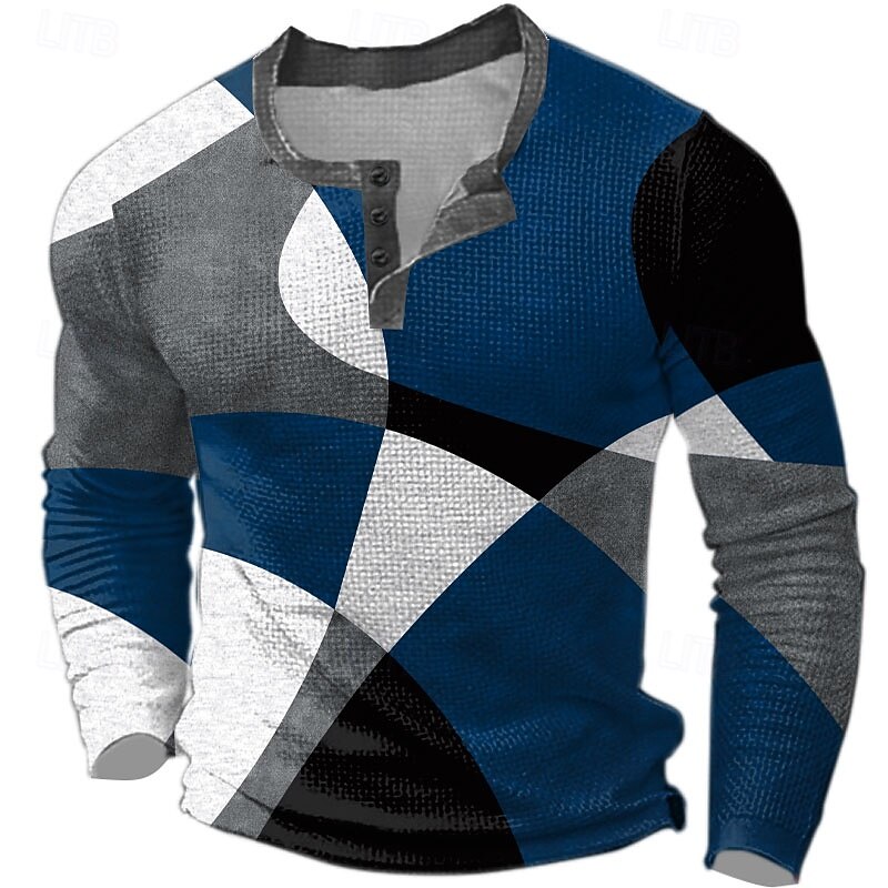 Men's Graphic Geometric Color Block Waffle Henley Shirt Casual Style Classic Style Long Sleeve Fashion Designer Basic Outdoor Daily Spring &  Fall Blue Burgundy Brown Green Henley Henley T-Shirt4