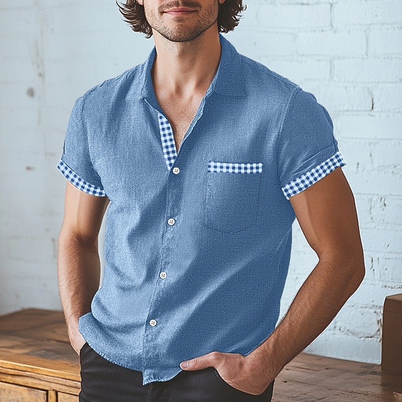 Men's Shirt Linen Shirt Beach Shirt Blue Green khaki Short Sleeve Plaid Turndown Home Holiday Front Pocket Clothing Apparel Vintage Casual