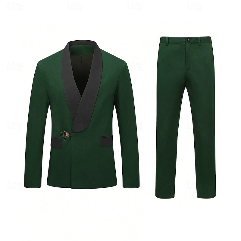 Men's Party Suits Shawl Lapel Royal Blue Dark Green Fashion WorkWear Solid Colored Standard Fit 2 Piece Single Breasted One-button2