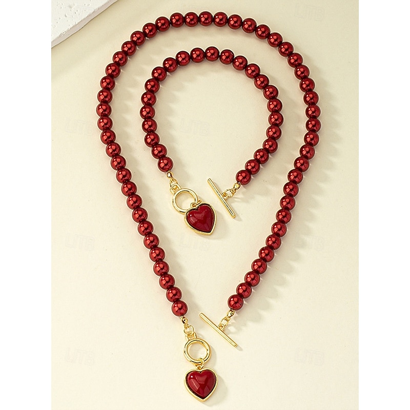 Women's Red Pearl Necklace and Bracelet Set with Heart Pendant, Gold-Tone Clasp Design, Elegant Jewelry for Valentine's Day Gift, Weddings, and Special Occasions3