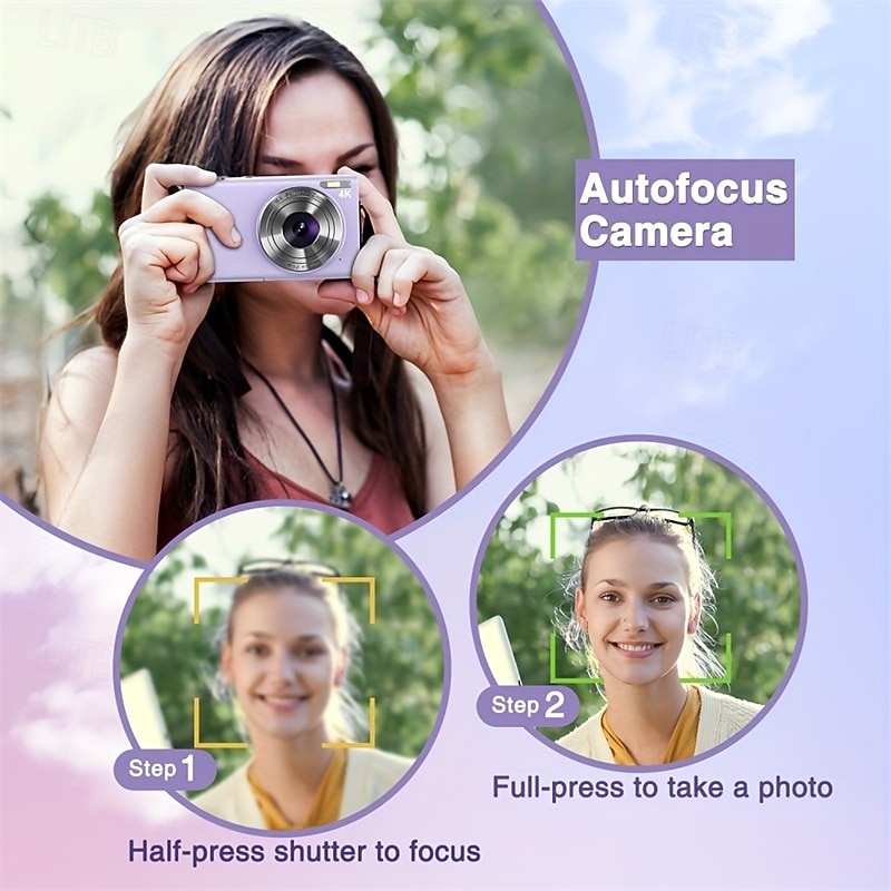 Digital Camera 4K Vlogging Camera 48Mp Digital Zoom Portable Point and Shoot Digicam with 32GB/64GB/128GB Memory Card Included4