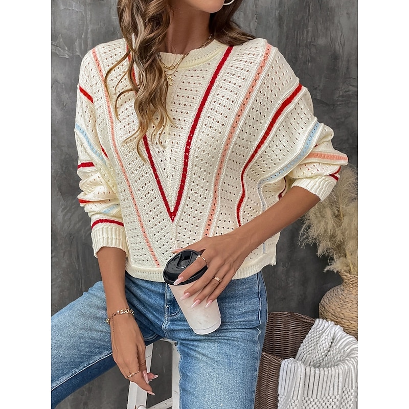 Women's Sweater Casual Soft Pure Color Ribbed Crew Neck Knitted Hole Long Sleeve Regular Tops Knit Outdoor Daily Weekend Apricot Fall Winter
