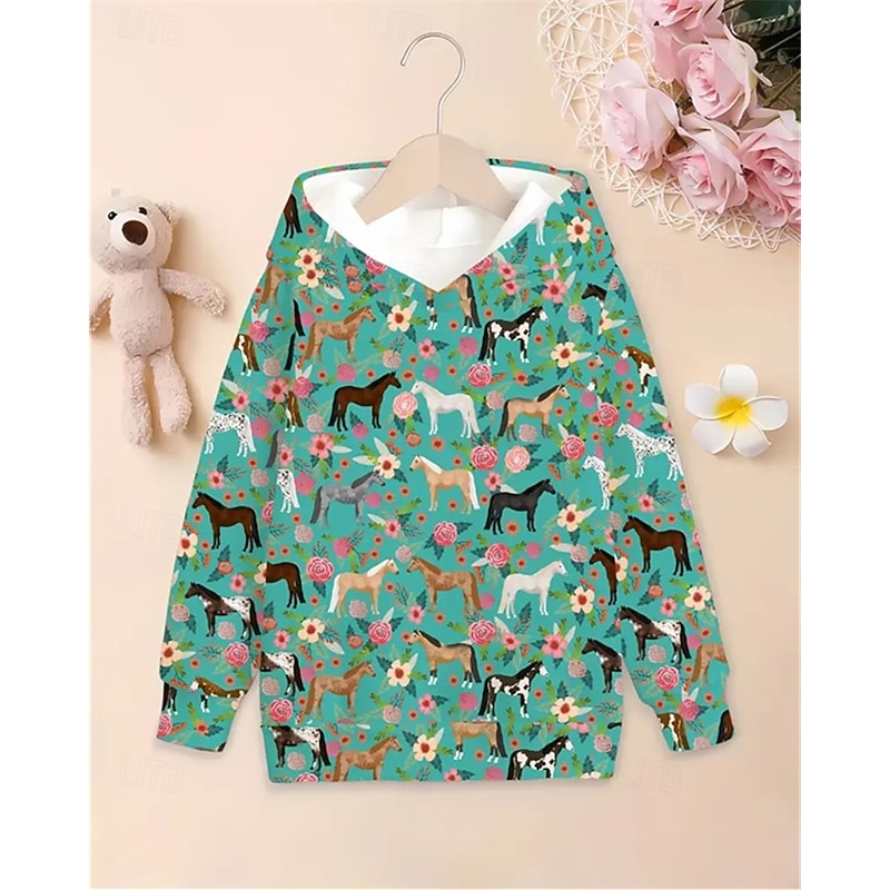 Girls' 3D Floral Graphic Horse Hoodie Long Sleeve Spring Fall Fashion Streetwear Kids 4-12 Years Hooded Outdoor Casual Daily Regular Fit