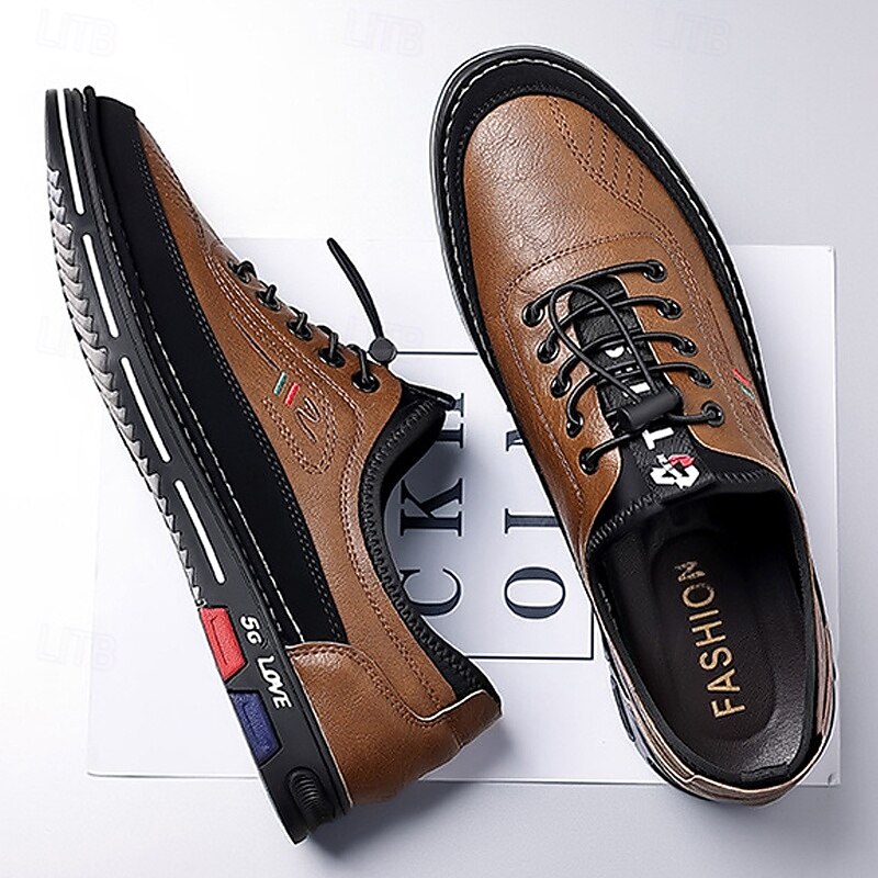 Men's Stylish Brown Faux Leather Casual Shoes with Black Contrast Detail, Comfortable Fit and Durable Sole, Ideal for Everyday Wear and Smart Casual Occasions3