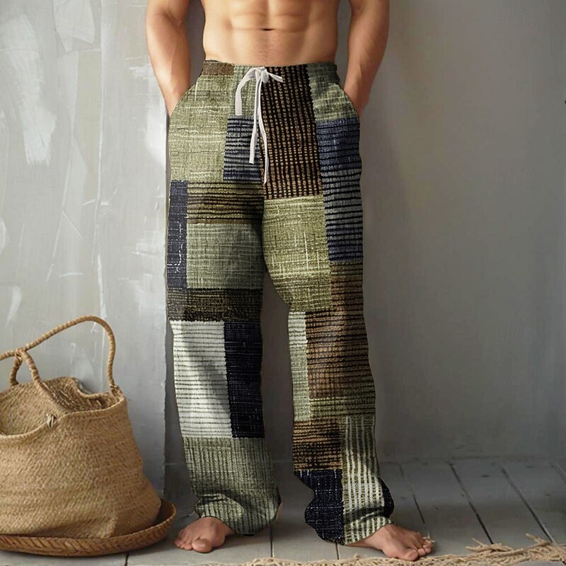 Men's Color Block Patchwork Pants Trousers Casual Pants Mid Waist Drawstring Elastic Waist Vintage Retro Outdoor Vacation Holiday Straight Leg Trousers Summer Spring Fall 3D Print Red Blue Green3