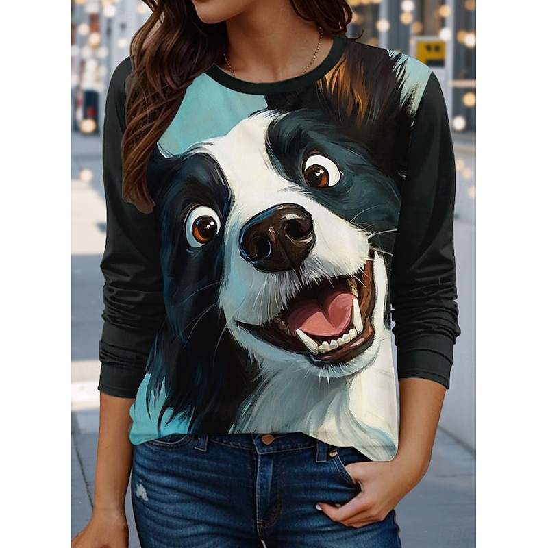 Women's T shirt Crew Neck Long Sleeve Tunic Dog Casual  Regular Tops Daily Print Black Spring Fall