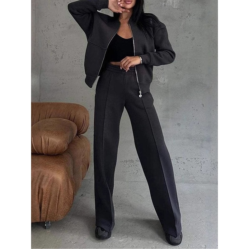 Women's Daily Bolero Top Wide Leg Pants Long Sleeve Solid Color Zipper Outdoor Office Black Pink Beige Spring &  Fall Regular Fit3