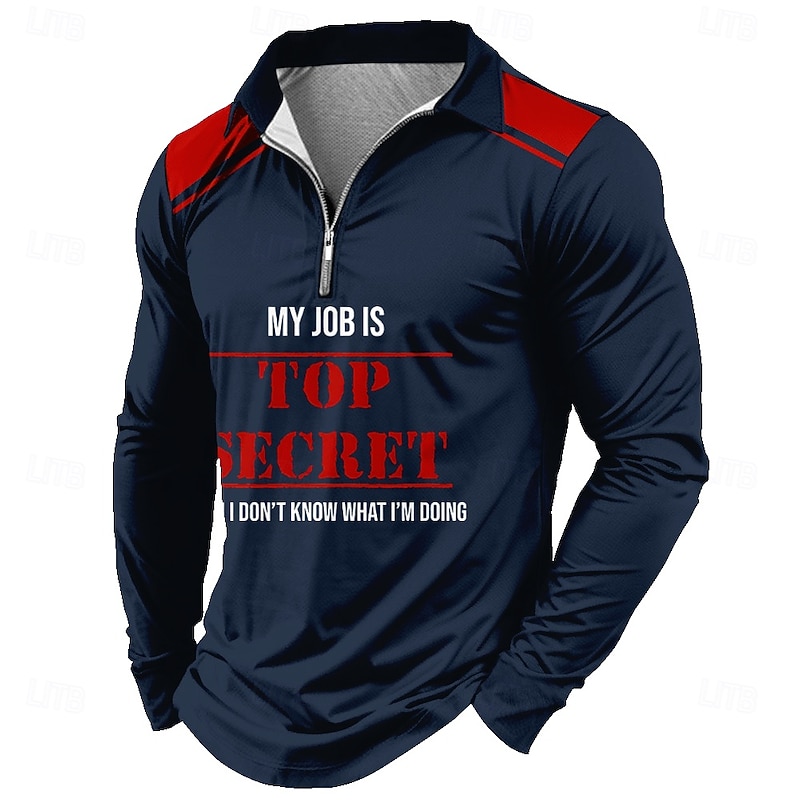 Men's Letter Zip Polo Shirts Golf Shirt Long Sleeve Polo Shirts Collared Shirts Casual Outdoor Street Dailywear 3D Print Quarter Zip Polo Spring Fall & Winter Black Blue Green4