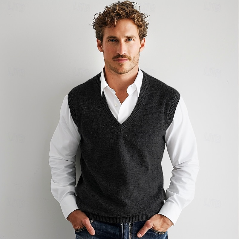 Men's Vest Ribbed Knit Regular Tops V Neck Solid Color V Neck Knitwear Daily Formal Outdoor Clothing Apparel Spring Fall Black Navy Blue S M L2