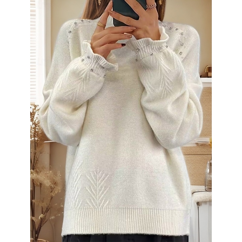 Women's Sweater Casual Soft Pure Color Ribbed Turtleneck Beaded Knitted Long Sleeve Regular Tops Knit Outdoor Daily Weekend Black White Fall Winter2