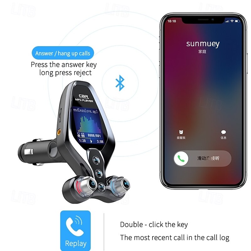 FM Transmitter for Car Wireless Bluetooth 5.0 in-Car Radio Adapter Audio Receiver with 1.44 Inch Color Screen QC 3.0 Dual USB Car Charger AUX Input/Output TF Card Mp3 Player4