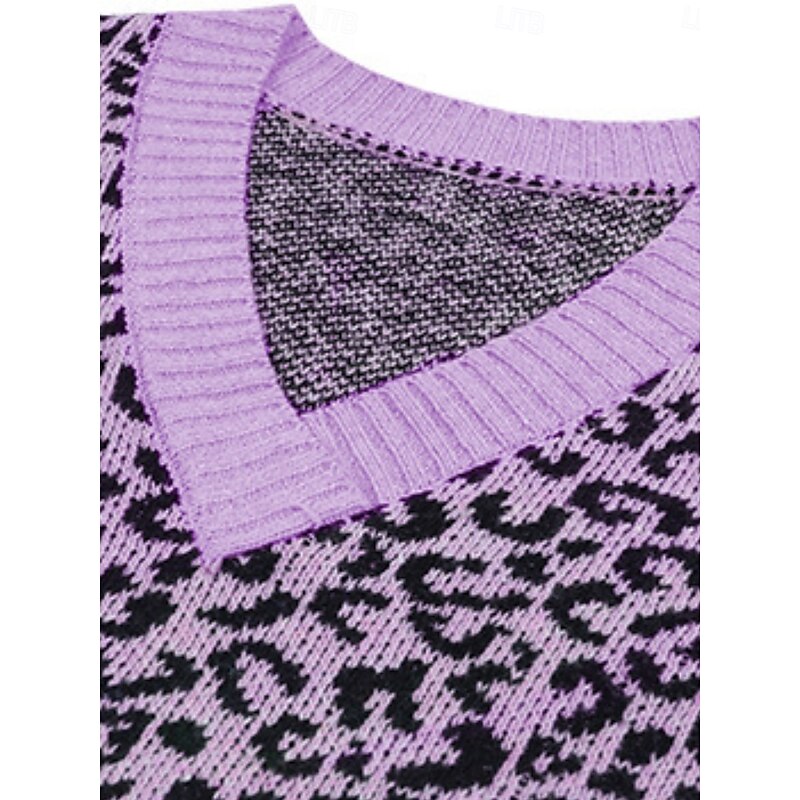 Women's Sweater Casual Soft Leopard Ribbed V Neck Knitted Long Sleeve Regular Tops Knit Outdoor Daily Weekend Pink Blue Fall Winter4