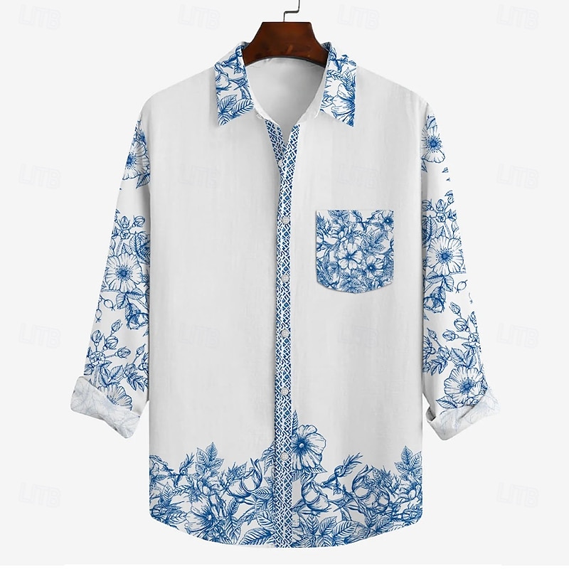 Men's Floral Casual Shirt Button Up Shirt Aloha Shirt Long Sleeve Casual Resort Causal Casual Spring Fall Turndown Button Up Pocket Blue