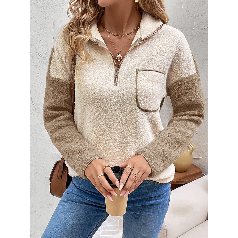 Women's Plain Fashion Casual Long Sleeve High Neck Regular Tops Street Casual Going out Half Zipper Quarter Zipper Patchwork Beige Fall Winter4