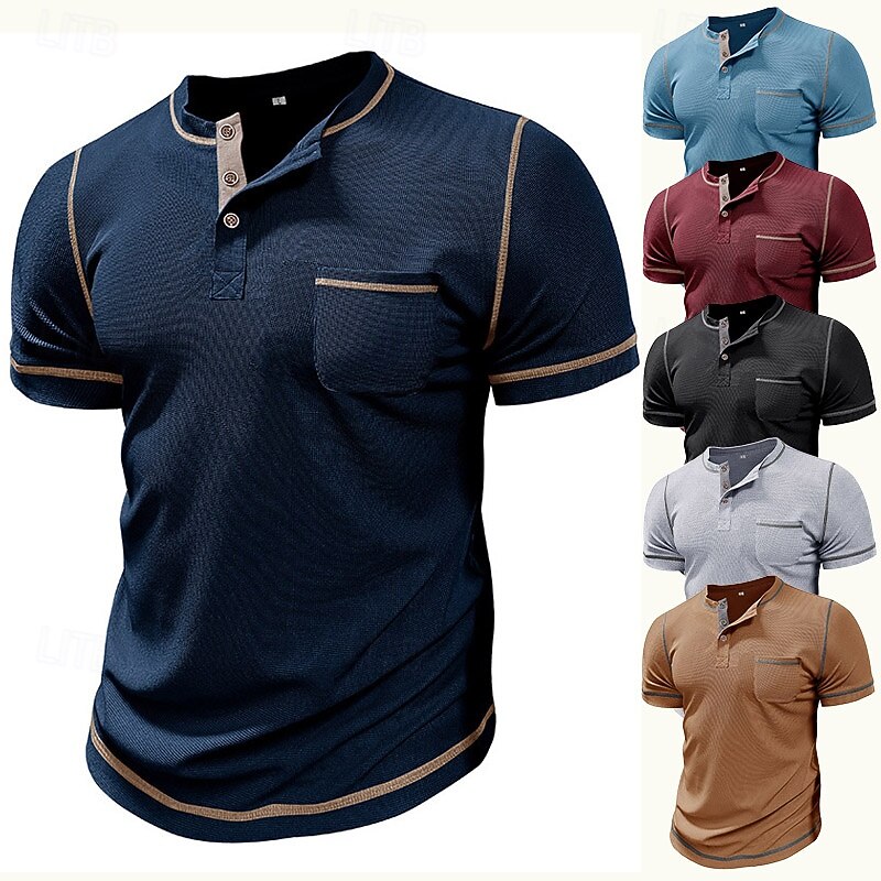 Men's Waffle Tee Waffle Henley Shirt Short Sleeve Solid Color Vintage Button Up Pocket Contrast Stitching Henley Casual Daily Summer Spring Black Gray Light Blue Henley T-Shirt