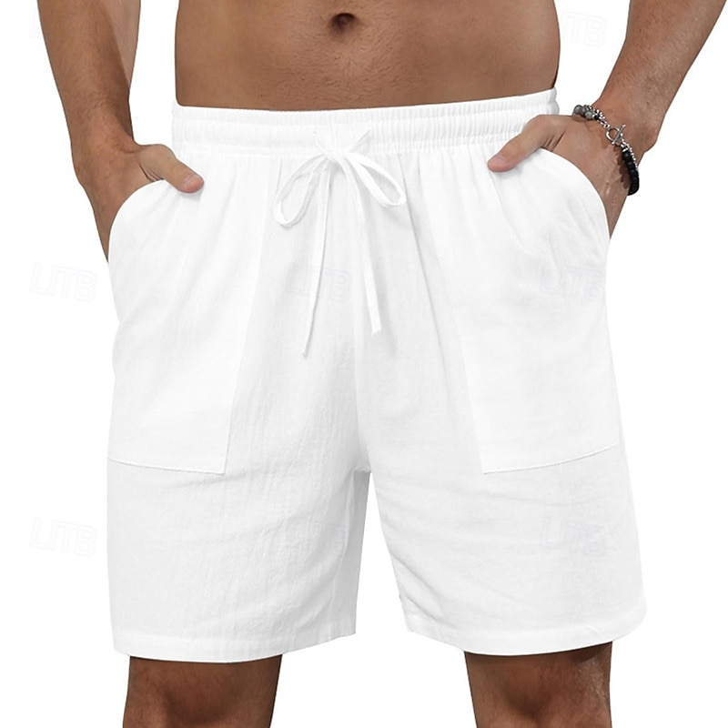 Men's Shorts Linen Shorts Summer Shorts Beach Shorts Drawstring Elastic Waist Front Pocket Plain Comfort Breathable Knee Length Outdoor Daily Holiday Fashion Classic Style Black White2