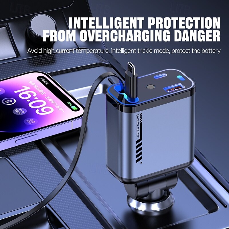 Starlight Retractable Car Charger Super Speed USB Car Phone Charger with Dynamic Lights Dual Retractable Cable3