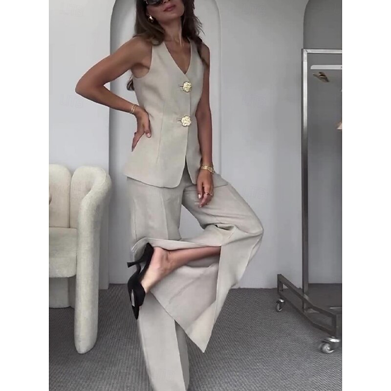 Women's Set Work V Neck Buttons Solid Color Comfortable OL Style Regular Fit Outerwear Sleeveless Summer Light Grey S3