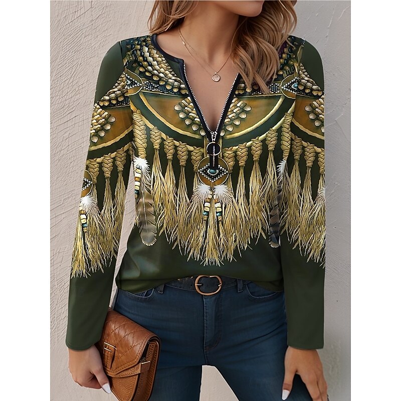 Women's T Shirt Quarter Zip Long Sleeve Casual Graphic V Neck Regular Tops Daily Pink Red Blue Purple Green Spring Fall