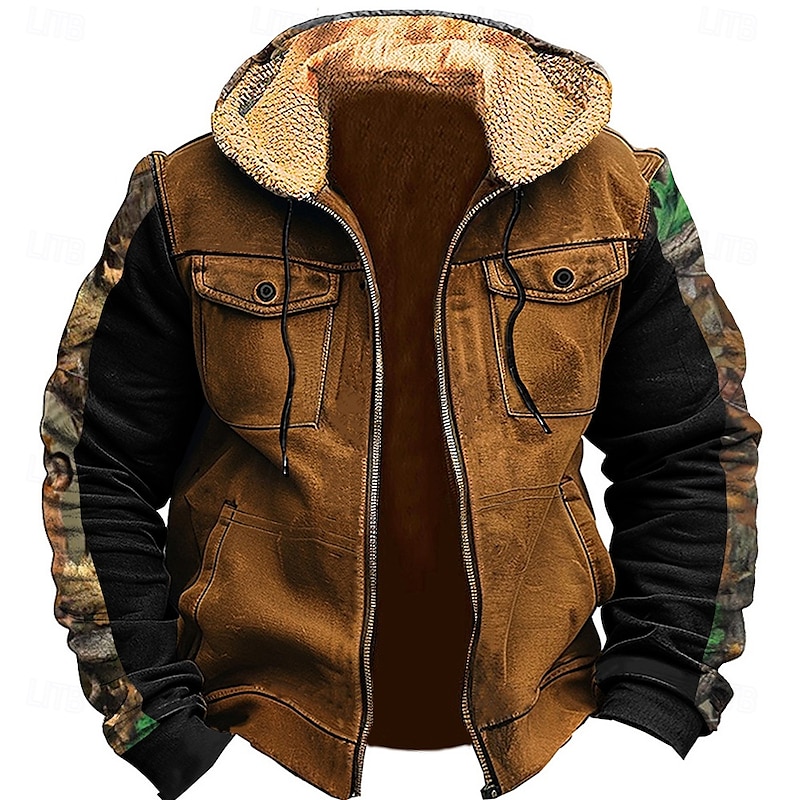 Men's Cowboy Fleece Hoodies Fashion Cool Long Sleeve Hooded Holiday Hunting Brown Green Zipper Pocket Fall Winter Designer