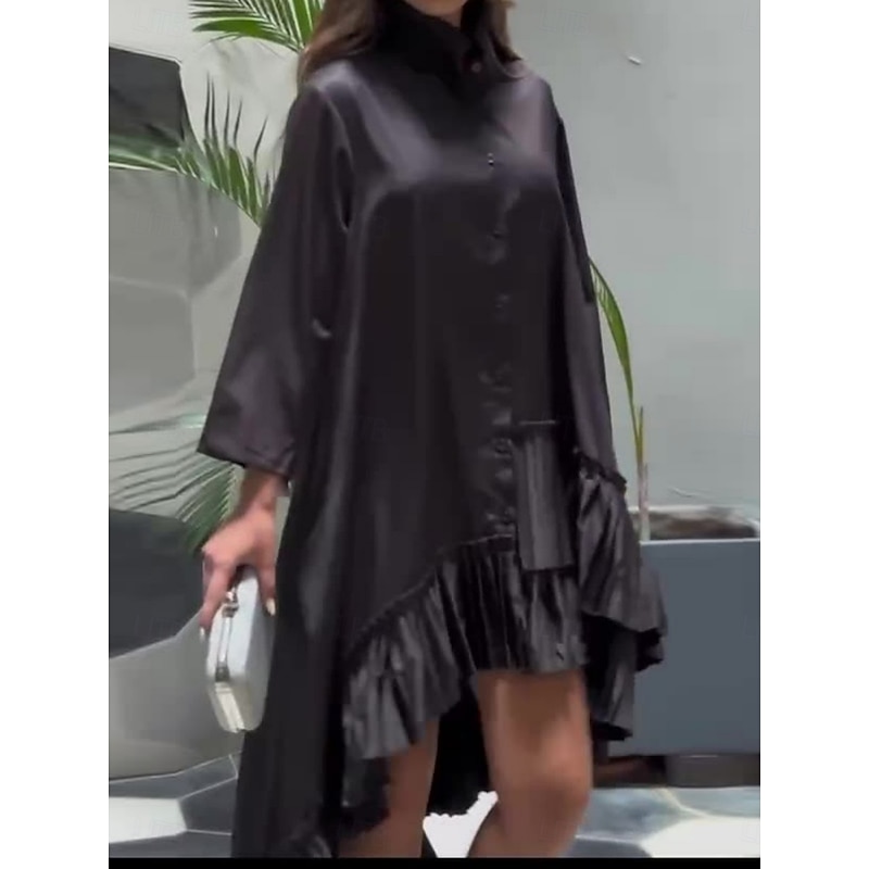 Women's White Dress Midi Dress Ruffle Patchwork Casual Stand Collar Long Sleeve Black White Color4