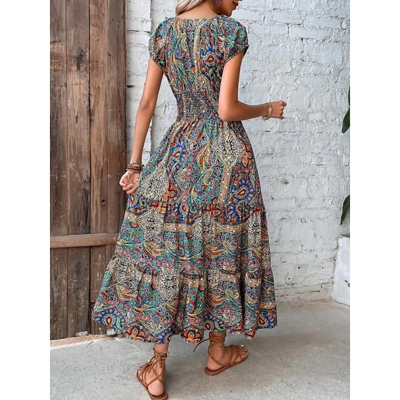 Women's Maxi Dress Casual Dress Swing Dress A Line Dress Boho Dress Bohemia Ethnic Casual Daily Regular Fit Paisley Short Sleeve V Neck Blue Summer Spring2