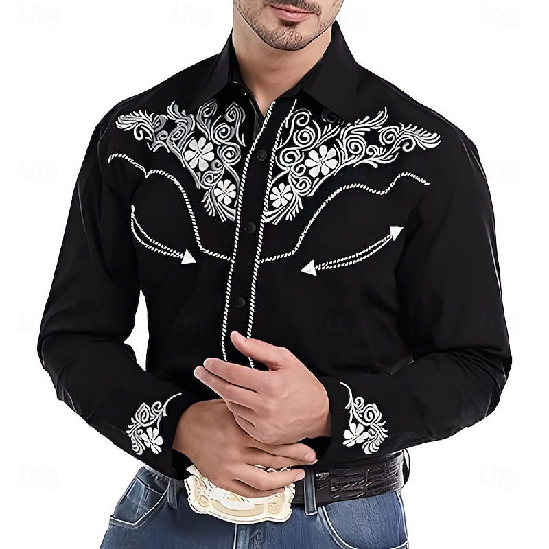 Men's Florals Western Shirt Cowboy Shirt Long Sleeve Western Spring Fall Turndown Button Up Black