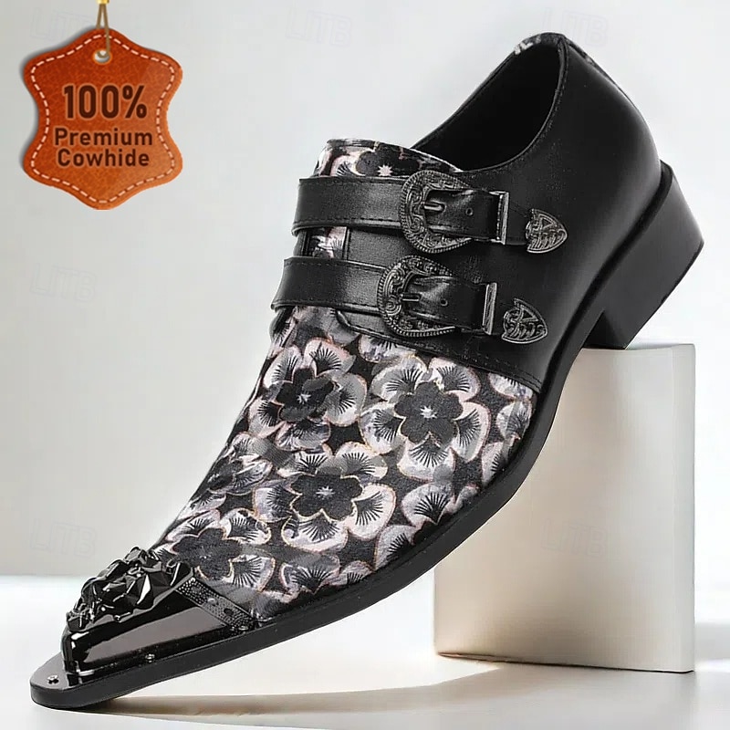 Men's Black Floral Cowhide Leather  Monk Shoes with Double Buckle and Metal Toe Cap – Elegant Formal Shoes for Weddings, Parties, and Special Events