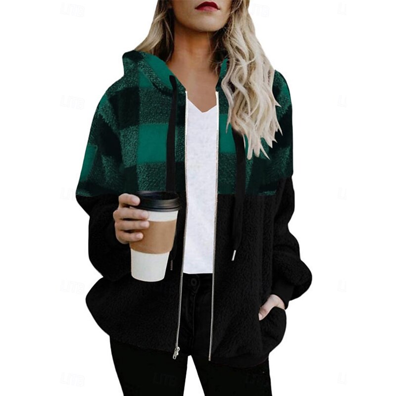 Women's Winter Coat Winter Jacket Teddy Coat Hoodie Jacket Outdoor Street Daily Fall Winter Regular Coat Regular Fit Warm Breathable Comtemporary Stylish Jacket Long Sleeve Stripes and Plaid with2