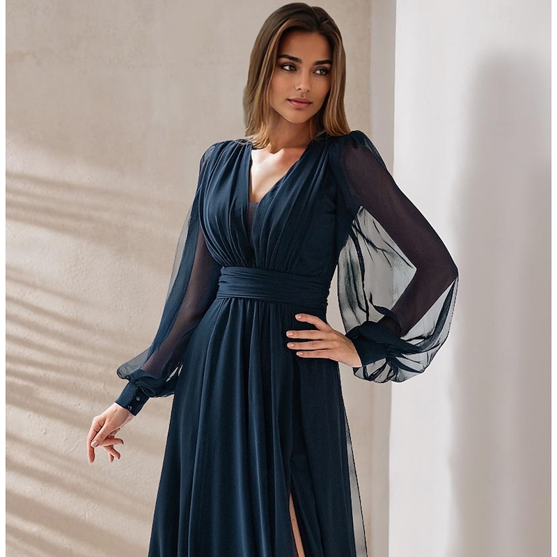 A-Line  Mother of the Bride  Elegant Party V Neck Floor Length Chiffon Corded Lace Long Sleeve Wrap Included with Ruching3