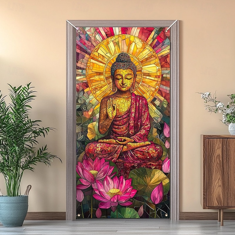 Stained Glass Effect Door Decorations Door Covers Buddha Boho Door Tapestry Door Curtain Decoration Backdrop Indoor/Outdoor Door Banner for Front Door Farmhouse