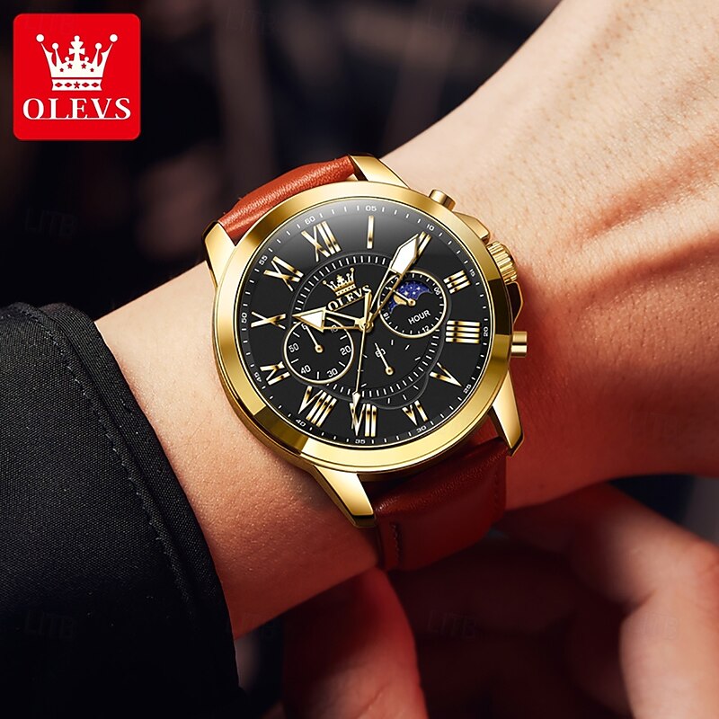 OLEVS Men Quartz Watch Outdoor Sports Fashion Wristwatch Moon phase Luminous Waterproof Decoration Leather Watch3