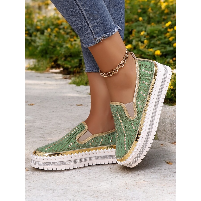 Women's Green Rhinestone Embellished Slip-On Sneakers with Chunky Sole - Glamorous Casual Shoes for Parties and Everyday Wear