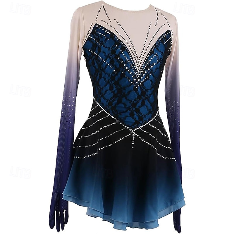 Figure Skating Dress Women's Girls' Ice Skating Dress Dark Blue High Elasticity Training Competition Skating Wear Classic Crystal / Rhinestone Long Sleeve Ice Skating Figure Skating3