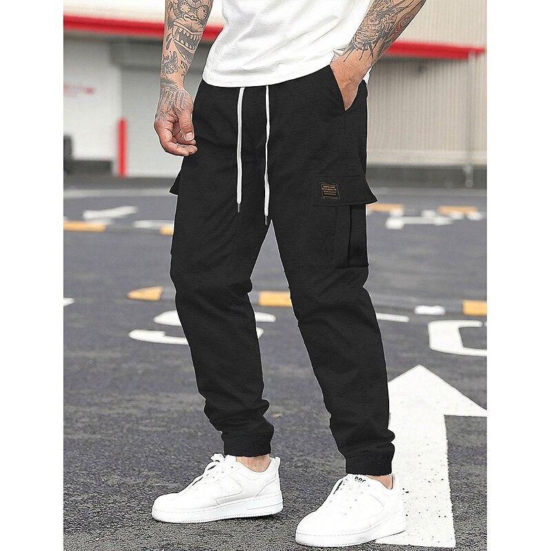 Men's Sweatpants Joggers Trousers Cargo Sweatpants Drawstring Elastic Waist Multi Pocket Plain Comfort Warm Full Length Outdoor Casual Daily Sports Fashion Black Grey