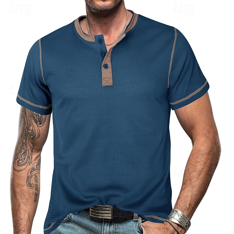 Men's Button T Shirt T Shirt Waffle Henley Shirt Henley Shirt Short Sleeve Henley Spring & Summer Color Block Fashion Designer Basic Patchwork Vacation Street Going out Wine Blue Army Green Top Tee2