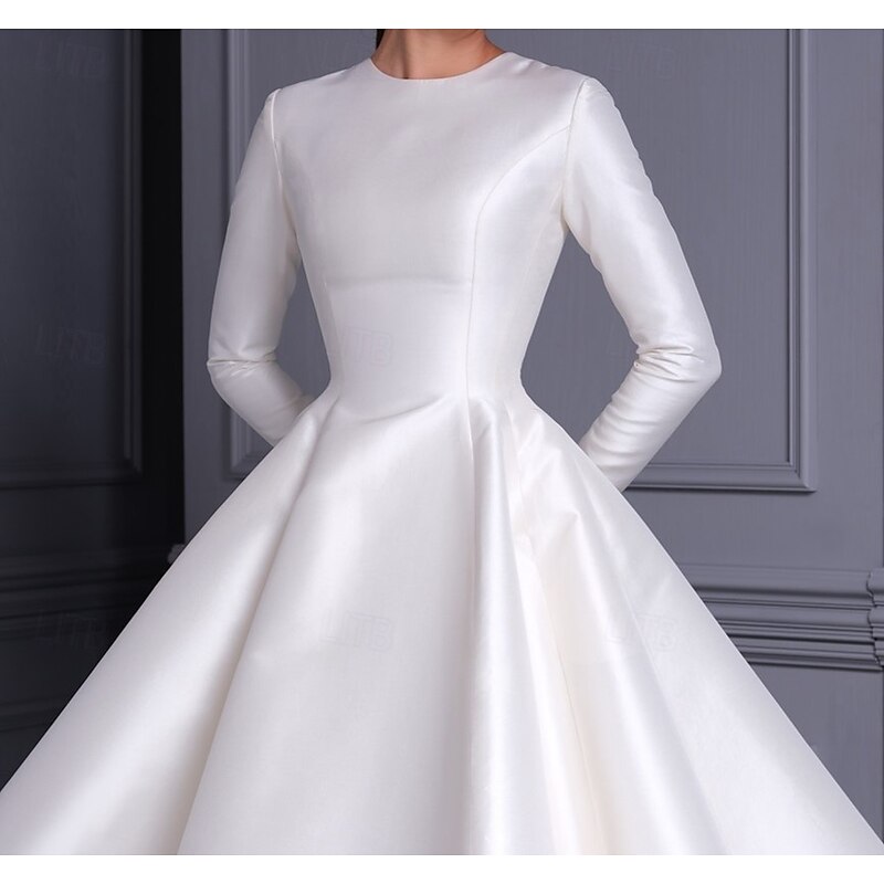 Ball Gown Cocktail Dresses Cute Dress Wedding Tea Length Long Sleeve Jewel Neck Fall Wedding Guest Satin with Pleats Pure Color Dresses3