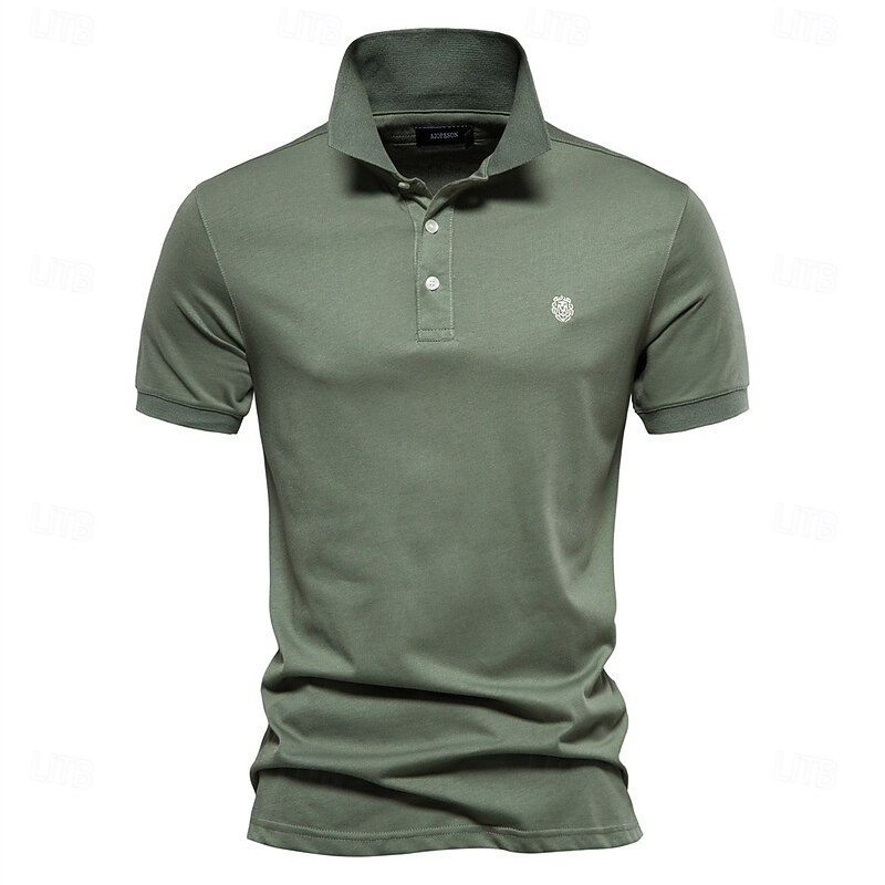 Men's 100% Cotton Polo Work Business Turndown Short Sleeve Vacation Vintage Solid Color Lion Embroidered Buttons Summer Spring Dark Grey Black White Light Green Navy Blue Royal Blue Polo