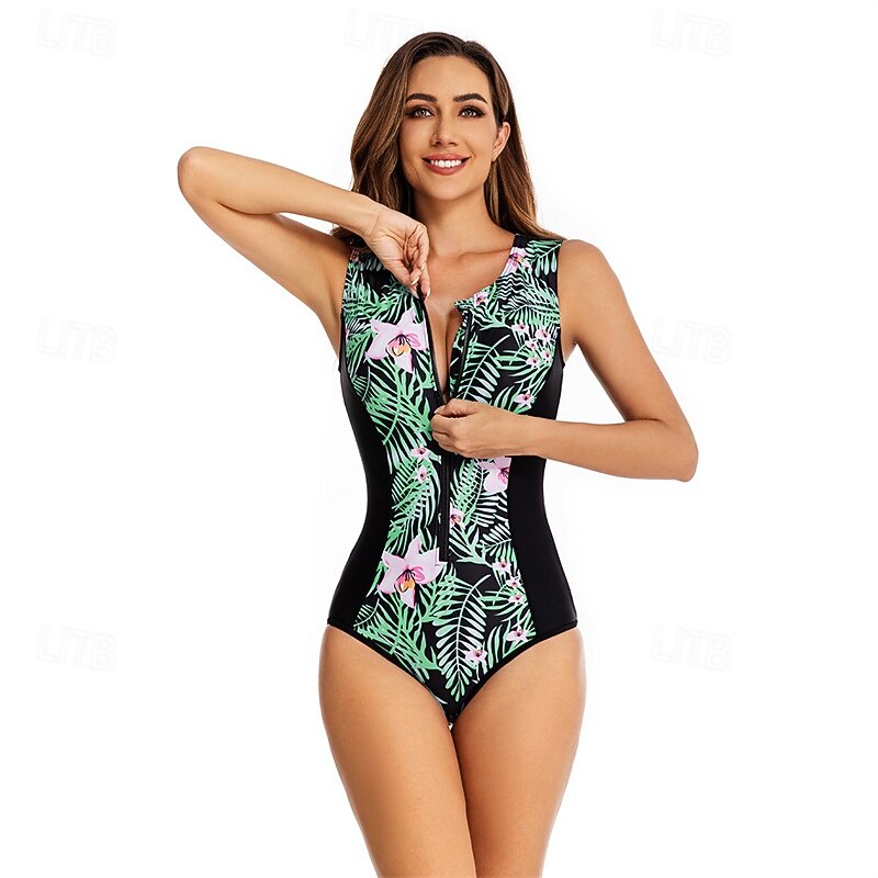 Women's Rash Guard One Piece Swimsuit UV Sun Protection UPF50+ Lightweight Sleeveless Spandex Bodysuit Bathing Suit Front Zip Swimming Surfing Beach Water Sports Floral Printed Summer Spring Autumn2