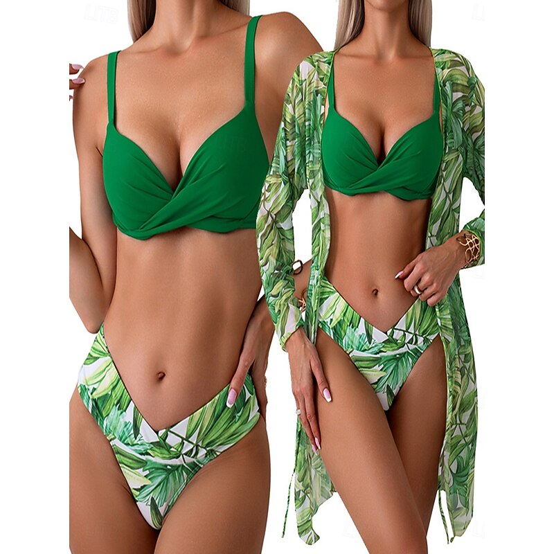 Women's Swimwear Three Piece Shorts Swimsuit Backless Patchwork Vacation Tropical Floral Graphic Long Sleeve Bathing Suits