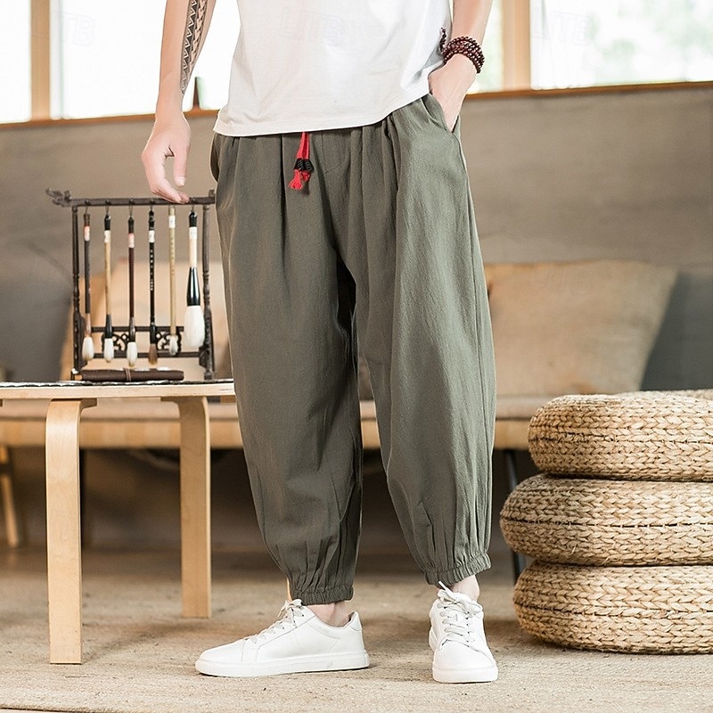 Men's Joggers Linen Pants Trousers Baggy Pants Harem Pants Pocket Drawstring Elastic Waist Plain Comfort Breathable Full Length Home Casual Daily Sports Fashion Black Green